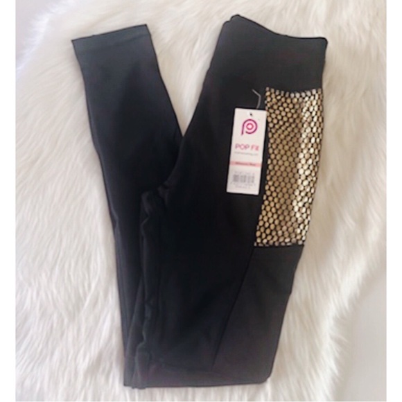 POP Fit Metallic Gold & Mesh Yoga Sport Pant Legging Small - Picture 1 of 6